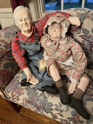 Pair Of William Wallace 32'' Grandma & Grandpa Porcelain Farmer Dolls