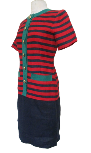 Vintage Oscar De La Renta Miss O Dress Size 4 Women Striped Linen Short Sleeve - Picture 2 of 6