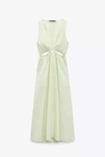Zara Womens A-line Midi Cut Out Dress XS Light Yellow Garbandine 3067/800 NWT