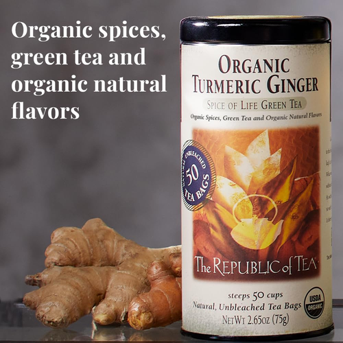 — Organic Turmeric Ginger Green Tea Tin, 50 Tea Bags, Naturally Caffeinated - 第 2/12 張圖片