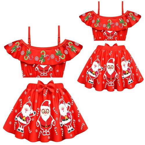 Girl Christmas Swimwear Swimsuit Dress Santa Swim Cap Xmas Costume Beach Kids - Picture 5 of 19