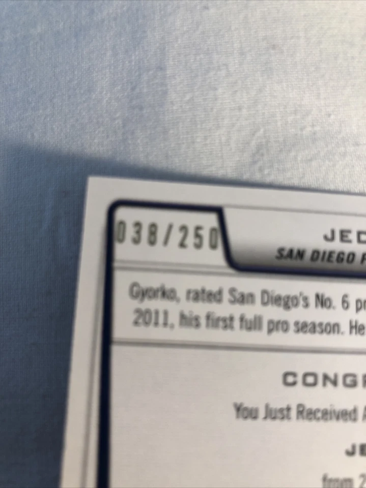 Jess Gyarko 2012 Bowman Orange AUTO #BPA-JG San Diego Padres #/250 - Image 3 of 3