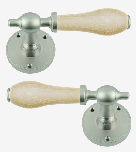 Round Rose Lever Door Handle Set (pair) Cream Crackle Porcelain Handle - Picture 4 of 5