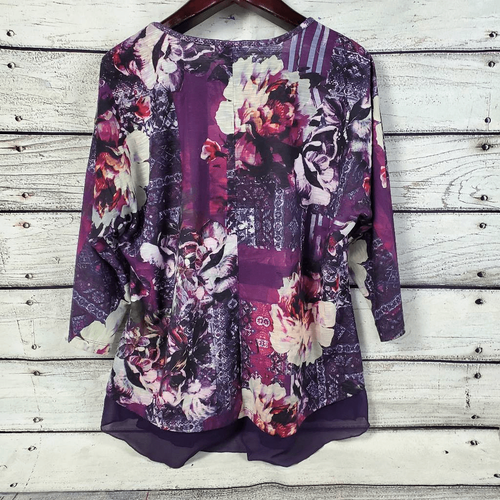 Camicetta tunica Christopher & Banks XL floreale patchwork viola orlo trasparente manica a 3/4 - Foto 7 di 8