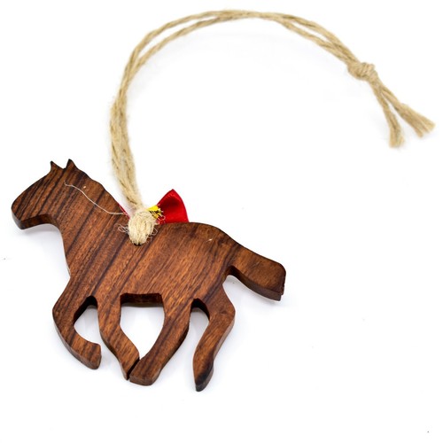 Silueta de caballo arte popular de madera de hierro tallada a mano con adorno de arco rojo de Navidad - Imagen 2 de 2