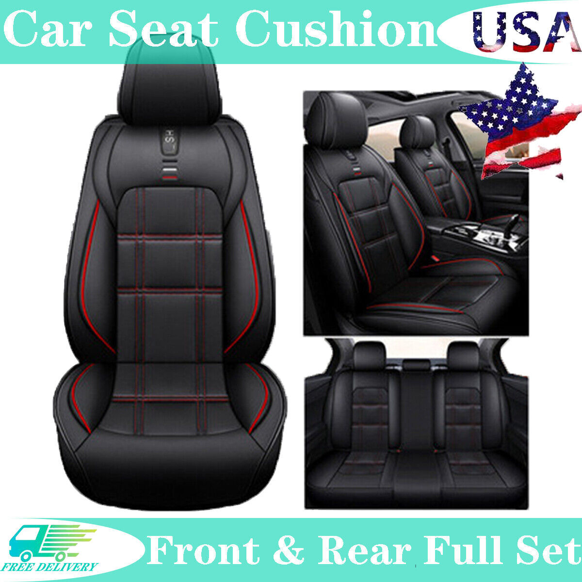 Black PU Leather 5-Sits Car Seat Covers Full Surrounded Front & Rear Cushion USA