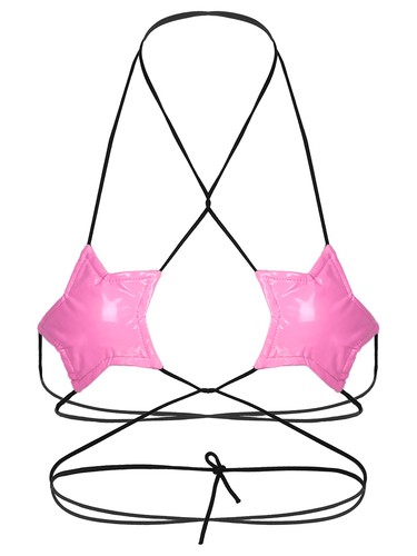 Women Wet Look Leather Sexy Halter Neck Strappy Wireless Star Shape Cups Bra Top - Imagen 41 de 58