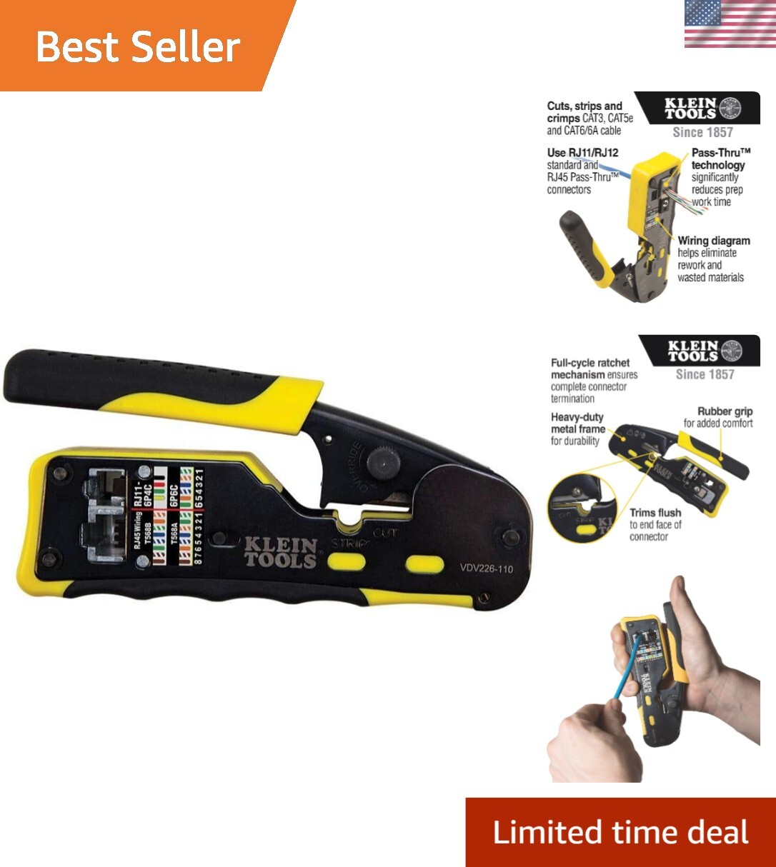 Ergonomic Yellow & Black Crimper - 110 Pass-Thru Modular Tool for Data Cables