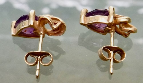 Heart-Shaped Purple Amethyst Stud Earrings P10K Yellow Gold Filigree - Picture 3 of 10