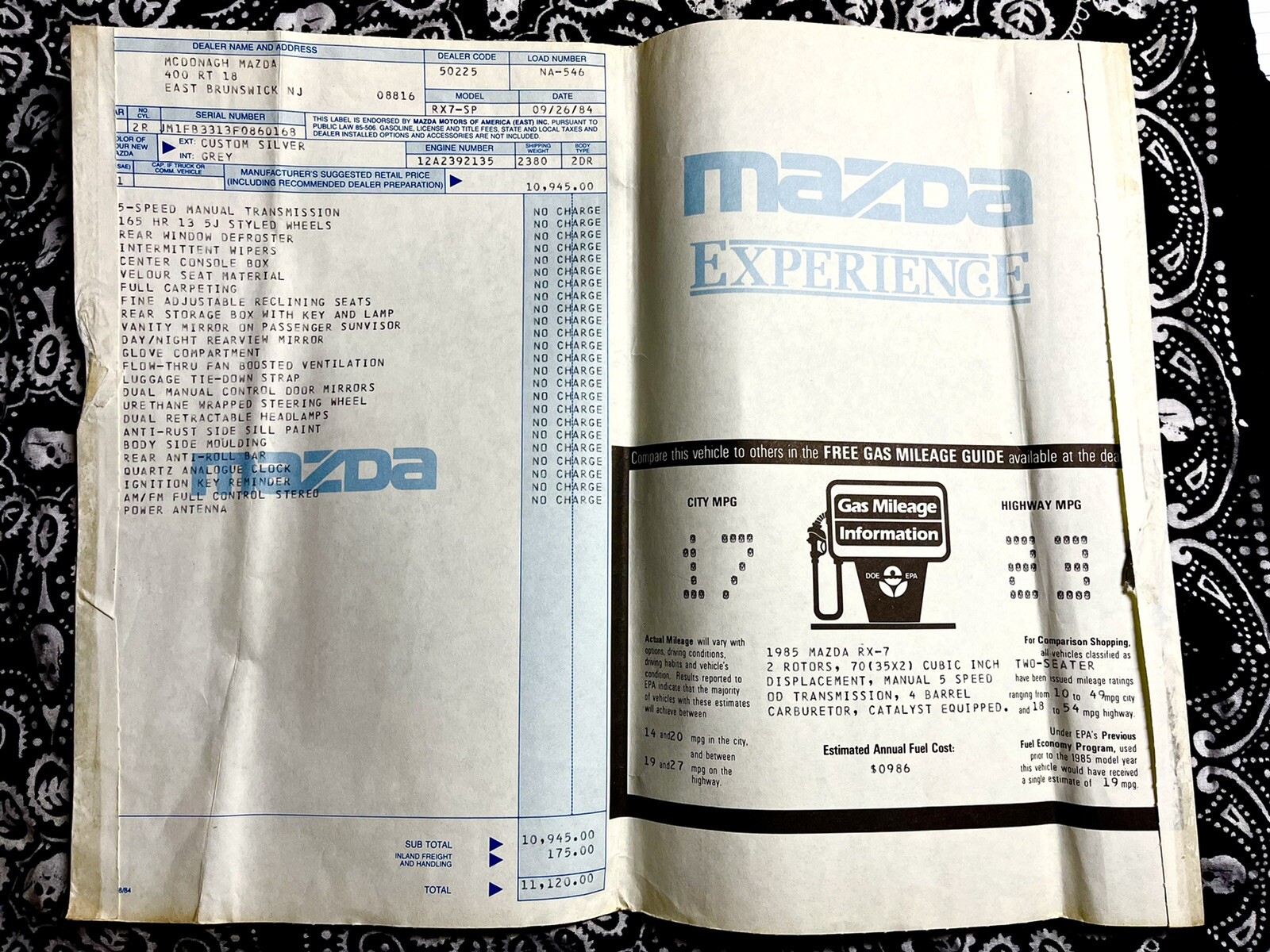 1985 MAZDA RX7,RX7,Original Monroney Sticker,FACTORYDEALER WINDOW