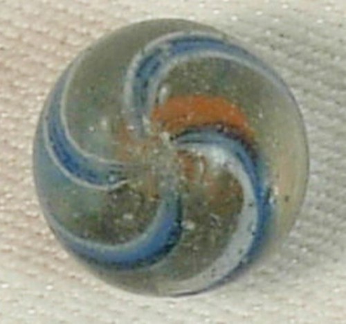 ANTIQUE LATTICINIO ORANGE CORE SWIRL MARBLE BLUE BANDS 5/8" NM - Picture 3 of 4