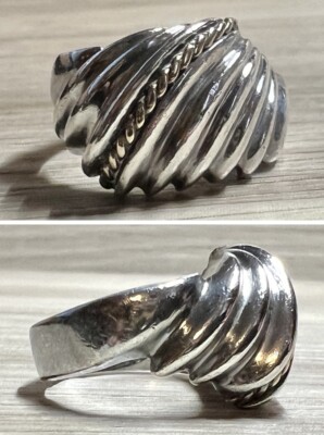 Vintage Designer Hallmarked Sterling Silver & 14K Gold Rope Accented Dome Ring