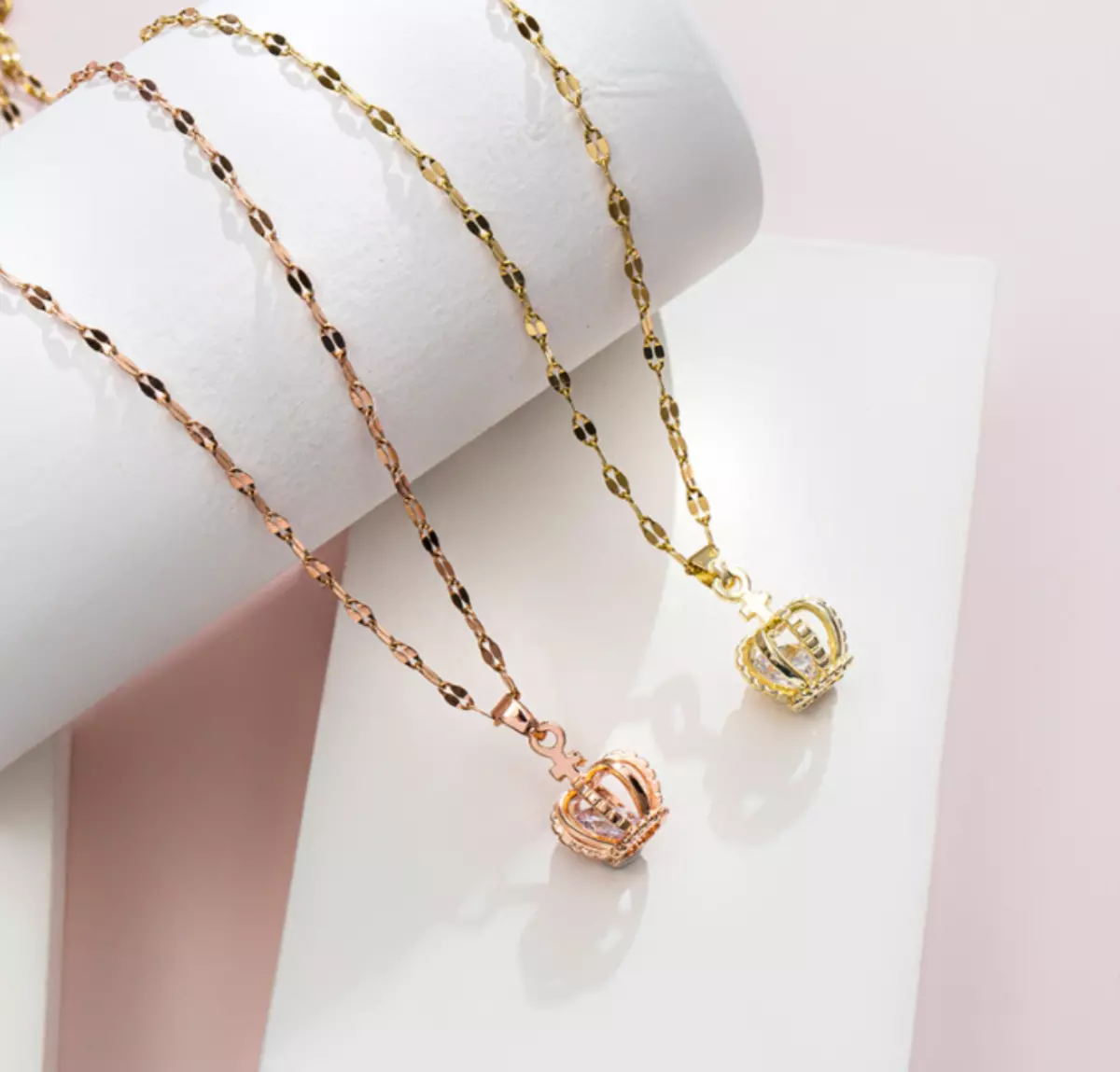 Titanium Silver Rose Gold Gold 3D Royal Crown Pave CZ Pendant Chain Necklace