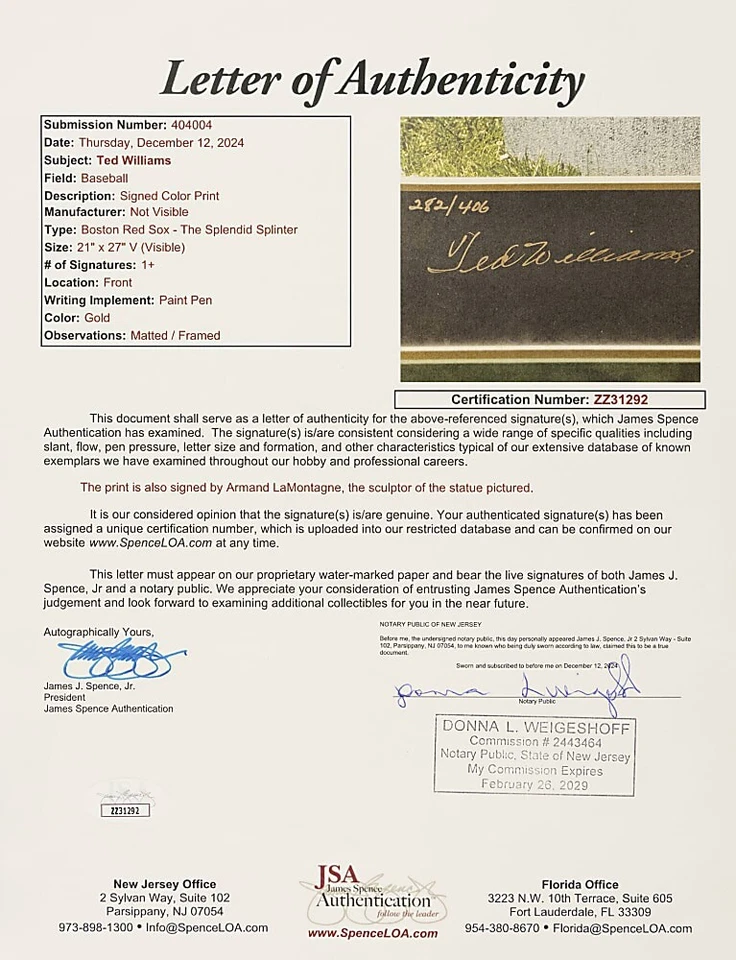 Ted Williams - Signed (AUTO) Limited-Edition Print - 22x28 - JSA COA #282/406 - Image 2 of 3