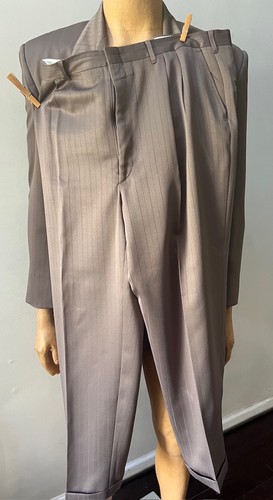 Men’s Double Breasted Jacket Retro Vintage 90s Shadow Stripe Brown Pants Suit 46 - Picture 3 of 6