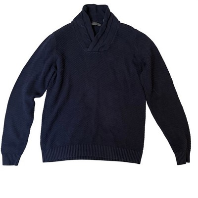 Sean John Mens Navy Blue Shawl Collar Textured Knit Cotton Sweater Large