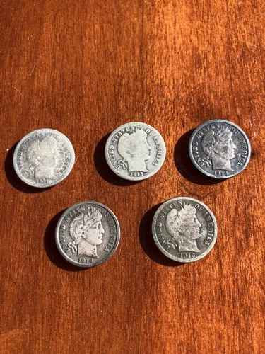 Lot of (5) U.S. Silver Barber Dimes - Circulated No Reserve! Silver is Hot!!!!