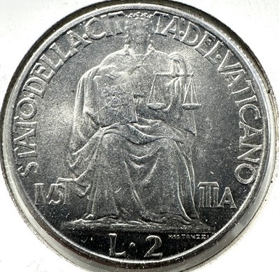 VATICAN CITY TWO (2) LIRE COIN 1942 (POPE PIUS XII / WARTIME) KM#36