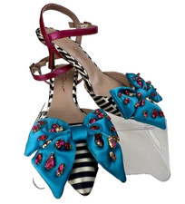 Betsey Johnson Emely Striped Kitten Heels Blue Embellished Bling Bow Pump Size 8