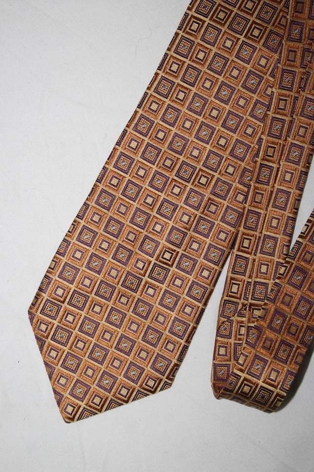 IKE BEHAR Silk Tie Extra Long 67x3.75 Gold Purple Geometric USA Tailored - Image 3 of 4