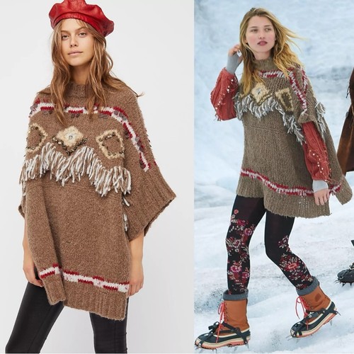 Free People Alpaka Fransen Südwesten Azteken Bohemian Pullover Poncho Small XS