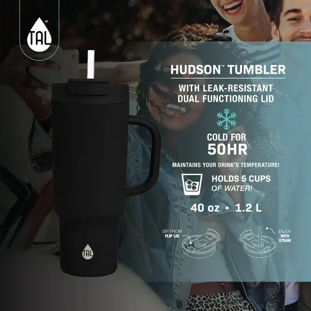 Vaso de acero inoxidable TAL Hudson 40 oz con mango de pajita doble tapa negro NUEVO Foto 2 de 4