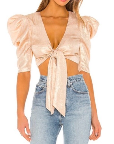 $128 Revolve Lovers & Friends Solane Metálico Talla M Manga Abullonada Corbata Frontal