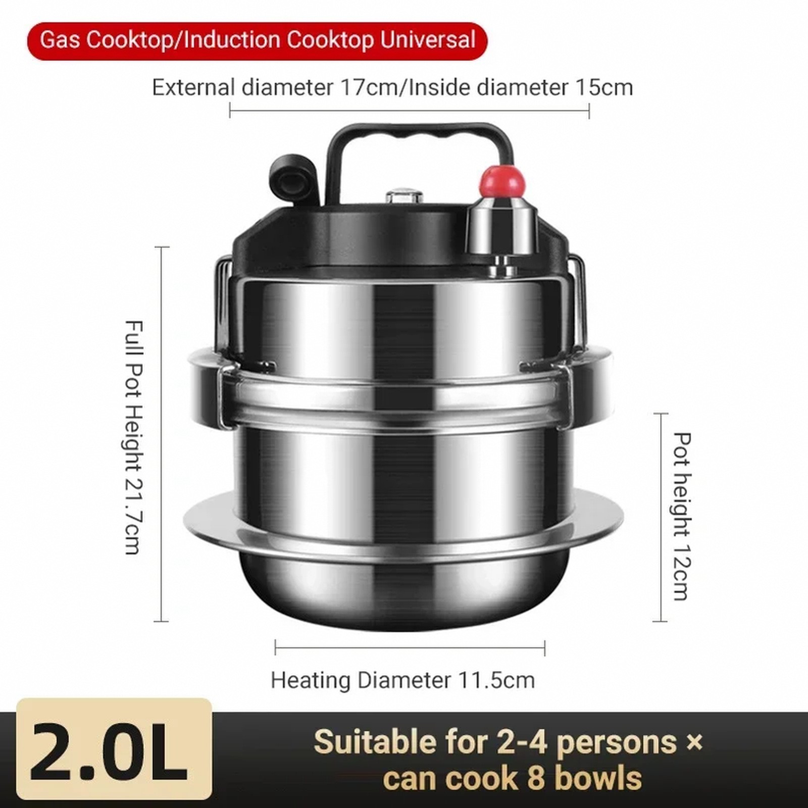 Portable Stainless Steel Pressure Cooker, 0.8L&ndash;2.0L, for O