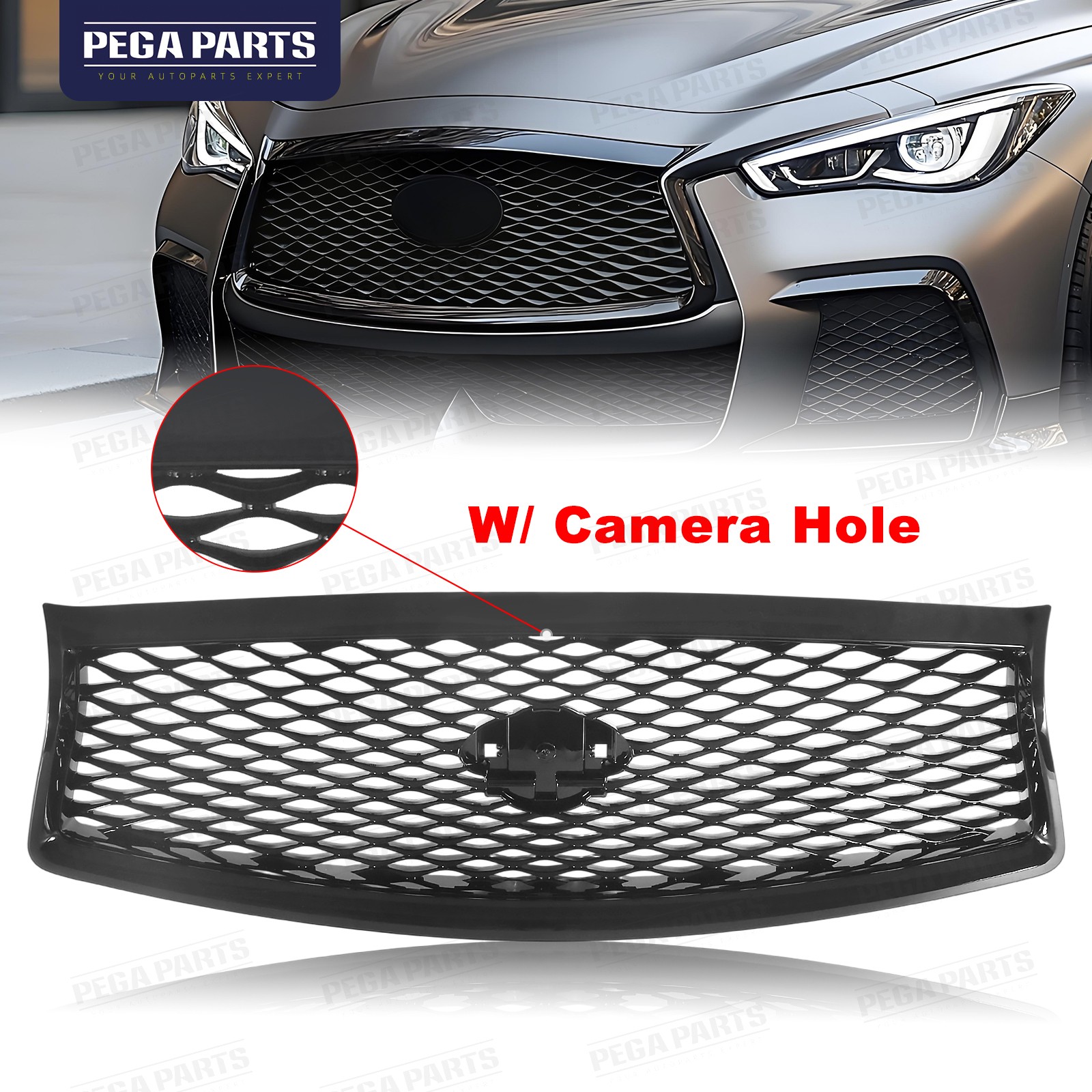 For Infiniti Q50 2014-2017 Front Mesh Bumper Upper Hood Grille Gloss Black Grill
