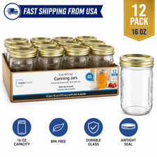 Mainstays Regular Mouth 16oz Mason Jars, 12 Pack Glass Canning Jars with Lids.