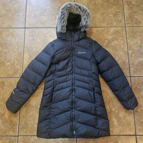 Parka de invierno con capucha negra Marmot Montreal 700 para mujer talla mediana