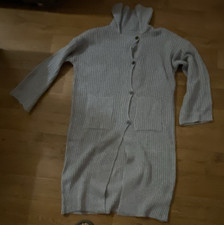 Damen Longcardigan Strickjacke grau Baumwolle grobstrick Kapuze Knöpfe L