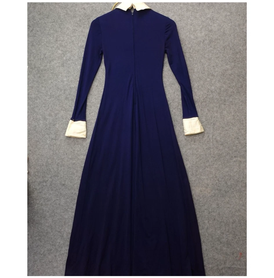 Vintage Miss Bergdorf Goodman Maxi Dress XS Blue Pussycat Bow 60s MOD Slim Long - Image 2 of 4