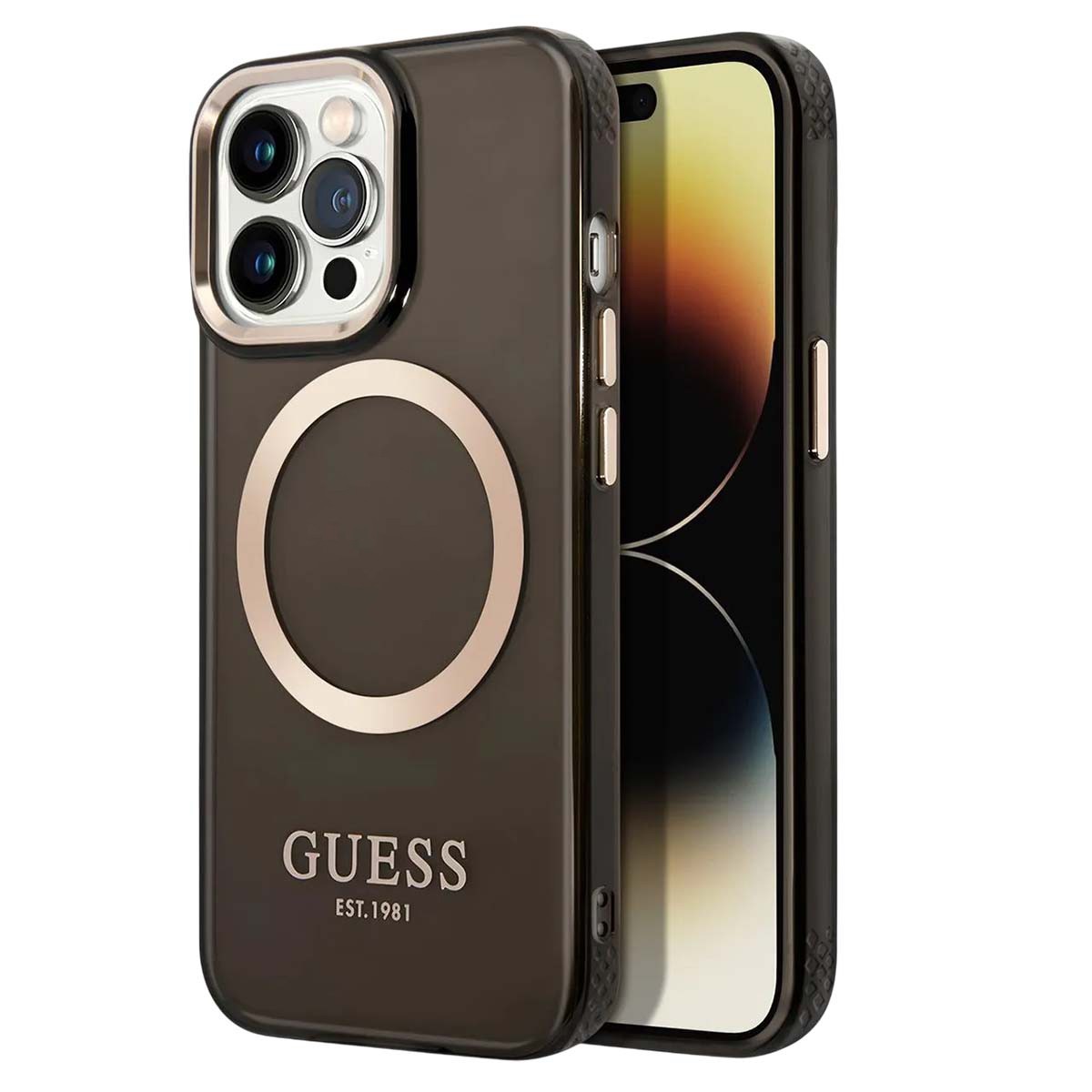 Coque Guess pour iPhone 14 Pro noire en silicone TPU souple avec liseré doré chic