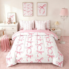 Cute Pink Bow Comforter Set Twin Bed in a Bag,Bowknot Princess Bedding Set for G
