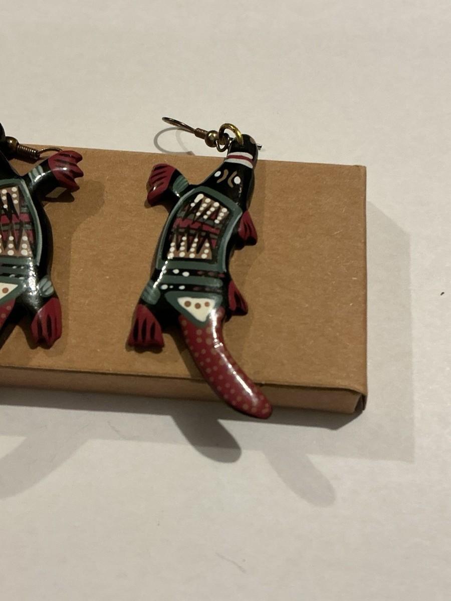 Erstwilder Aboriginal multicoloWood Lizard Dangle Hook Earrings View 2