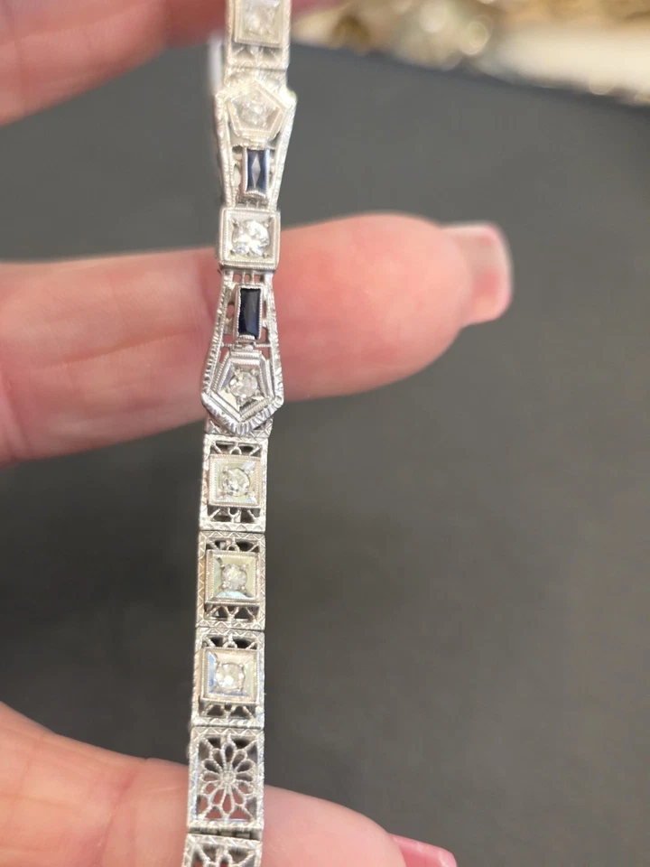 Antique 1900s 14k White Gold Art Deco Bracelet Diamond & Sapphire Appraisal $2K+ - Image 4 of 4