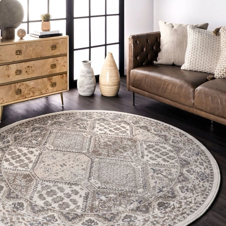 8’ Round Becca Traditional Tiled Area Rug, Taupe, Faded Transitional Design, - Image 2 of 4