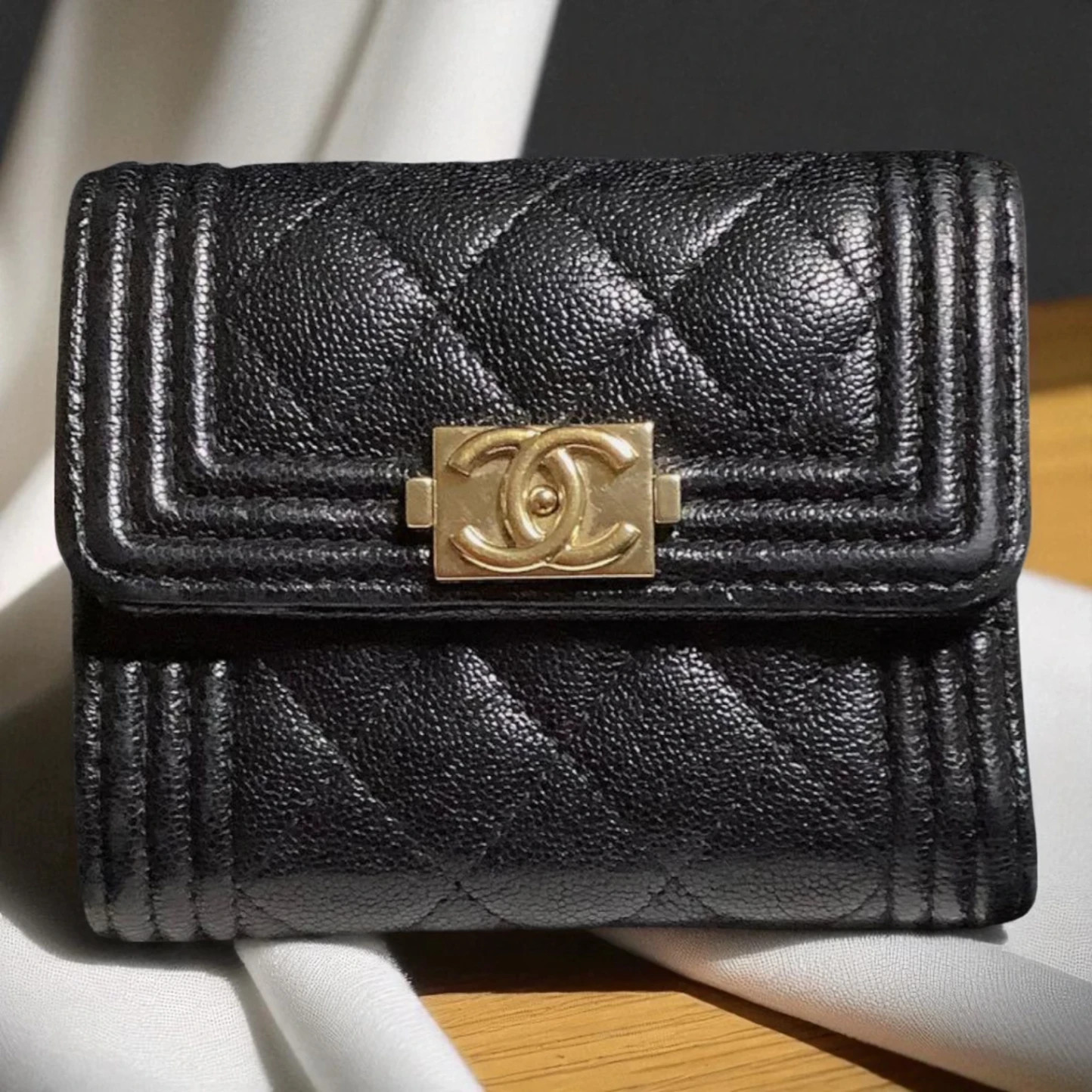 Chanel Boy Trifold Wallet in Caviar Leather with Gold Hardware Pre-Owned