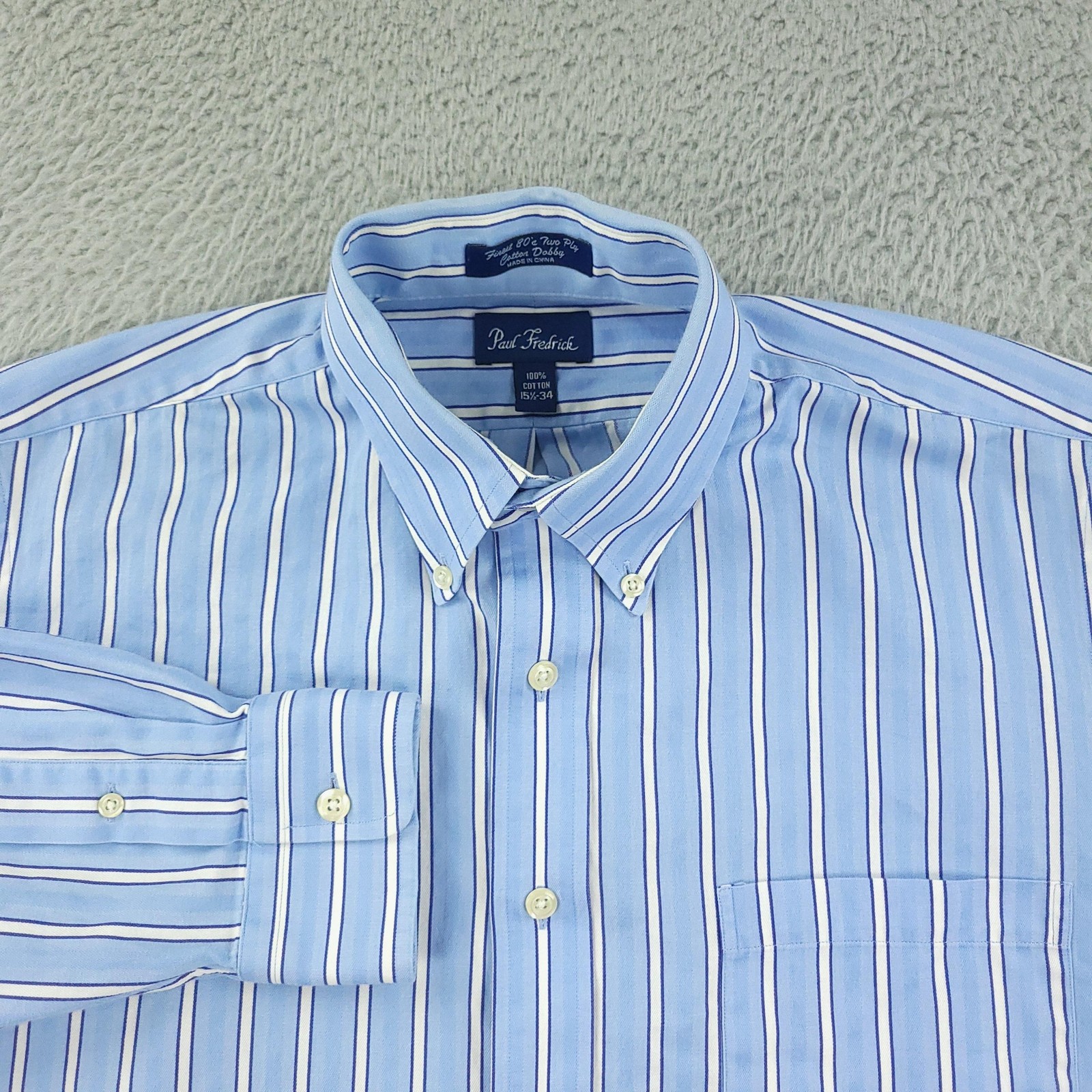 Paul Fredrick Dress Shirt Mens 15.5 Blue Stripe Button Down Cotton Office Casual