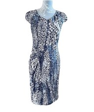 Kello Scandinavia Grey Animal Print Stretch Midi Dress Cap Sleeve Lined Size 8