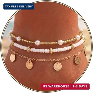Authentic Qceasiy Shell Ankle Bracelet Set for Women, Gold Plated Boho Bead Adjustable Ank
