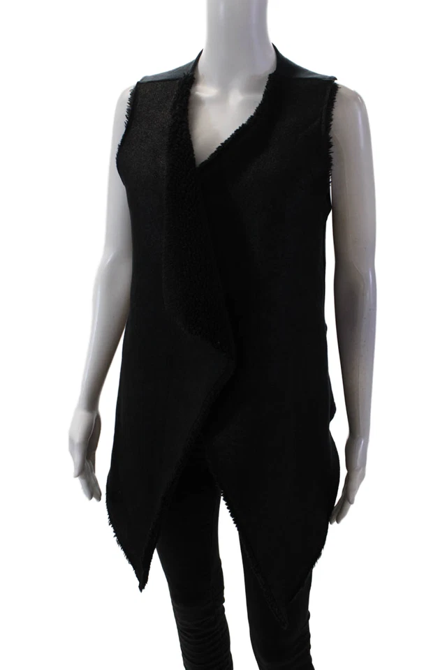 天鹅绒女式人造毛皮衬里无褶尖头下摆背心纯色黑色 S 码 — 第 2/4 张图片