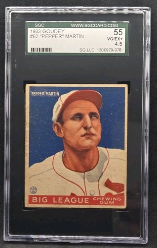 1933 Goudey #62 Pepper Martin Vintage Stl Cardinals Baseball Card SGC 4.5 VG-EX+