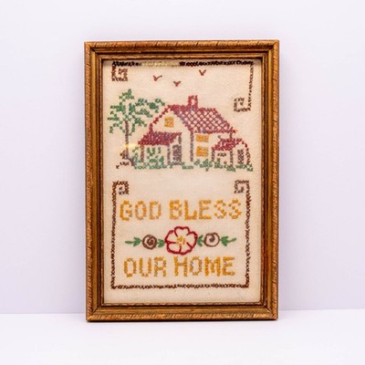 Vintage God Bless Our Home Floral Counted Cross Stich 8x5 Framed Completed