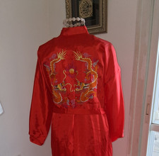 Vtg Golden Bee Chinese Silk Robe Red Embroidered Dragon Kimono Loungewear OS