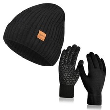 Winter Beanie Hat and Touchscreen Gloves Set for Men and One Size Black