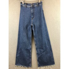 ZARA High Waisted Wide Leg Cropped Denim Jeans Frayed Hem Blue Size 2