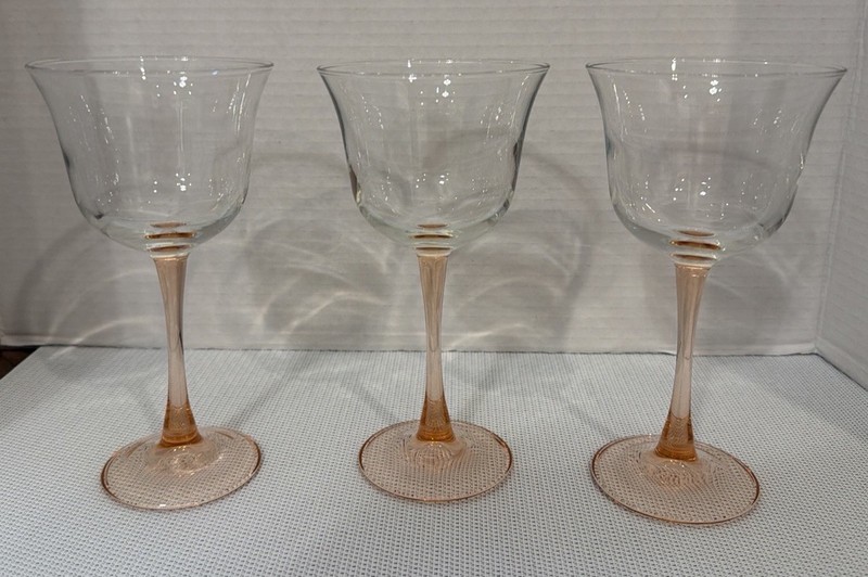 3 Cristal D'Arques Durand Luminarc AMERICANA Rose Pink Stem Clear Goblets 7”