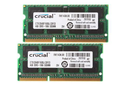 8GB Crucial 2X 4GB 2RX8 PC3-8500S DDR3 1066Mhz 204Pin Memory RAM Laptop PC8500 - Picture 1 of 8